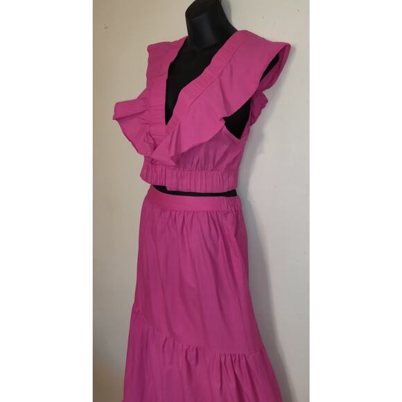 Bright Pink Peasant Maxi Dress 2pc L Tiered Boho Whimsigoth Ruffles Cropped - Picture 5 of 16
